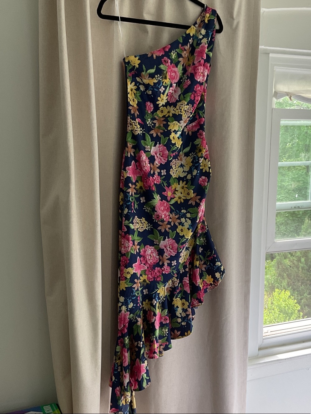 Lulu's Navy One-Shoulder Floral Ruffle Midi Dress